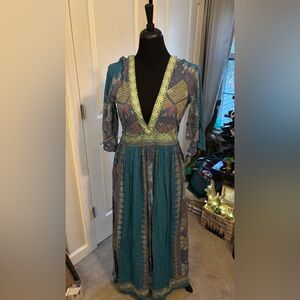 Bohemian Teal Maxi Dress with Geometric Patterns